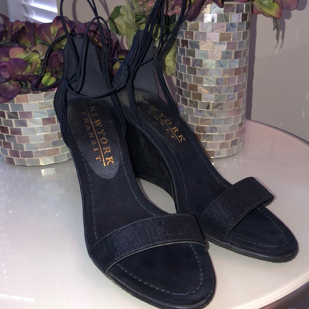 New York Transit Navy Ankle Strap Wedge Size 11M